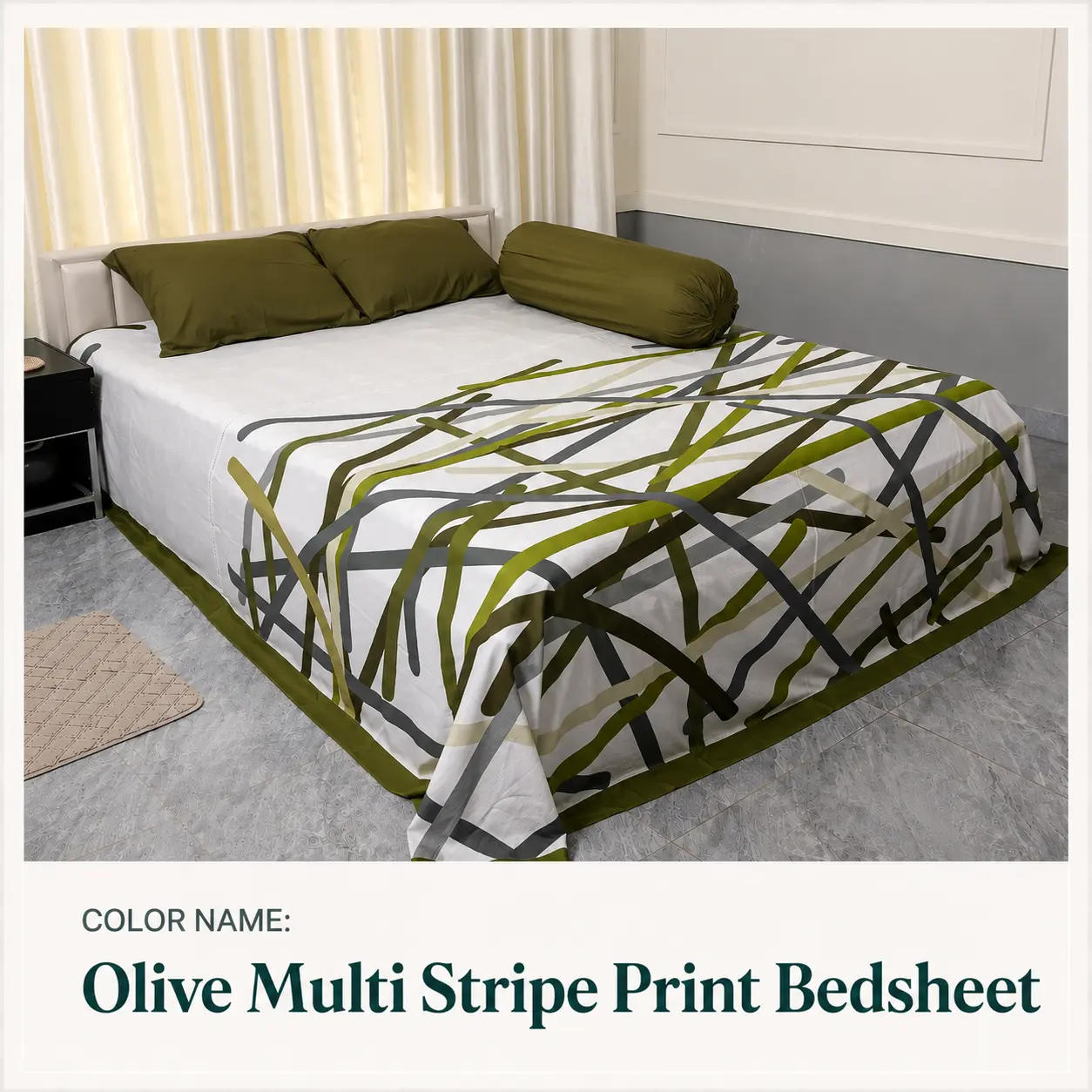 Olive Multi Stripe Print Bedsheet Set (4 Pcs set)